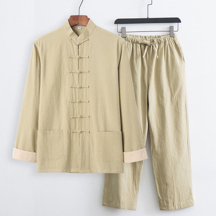 Buddha Stones 2Pcs Tang Suit Men's Frog-Button Cotton Linen Long Sleeve Shirt Pants Set With Pockets - PaleGoldenrod - US/UK/AU44，EU54 (4XL) - image 19