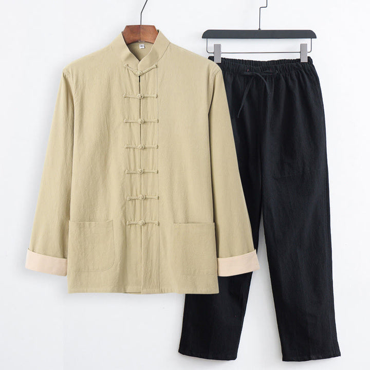 Buddha Stones 2Pcs Tang Suit Men's Frog-Button Cotton Linen Long Sleeve Shirt Pants Set With Pockets - PaleGoldenrod Shirt+Black Pants - US/UK/AU44，EU54 (4XL) - image 20