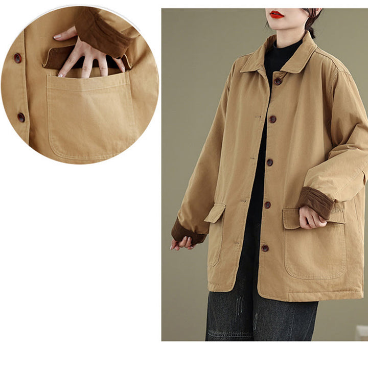 Buddha Stones Plain Lapel Buttons Design Women's Long Sleeve Quilted Cotton Jacket With Pockets - image 10