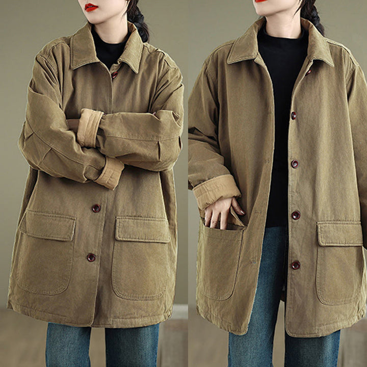 Buddha Stones Plain Lapel Buttons Design Women's Long Sleeve Quilted Cotton Jacket With Pockets - image 19