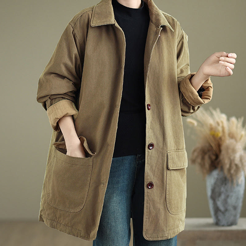 Buddha Stones Plain Lapel Buttons Design Women's Long Sleeve Quilted Cotton Jacket With Pockets - image 16