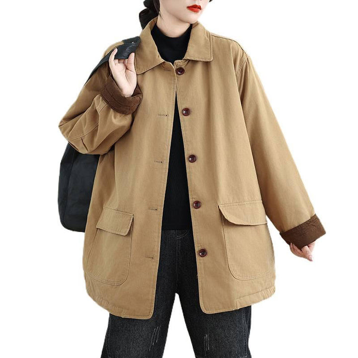 Buddha Stones Plain Lapel Buttons Design Women's Long Sleeve Quilted Cotton Jacket With Pockets - image 11
