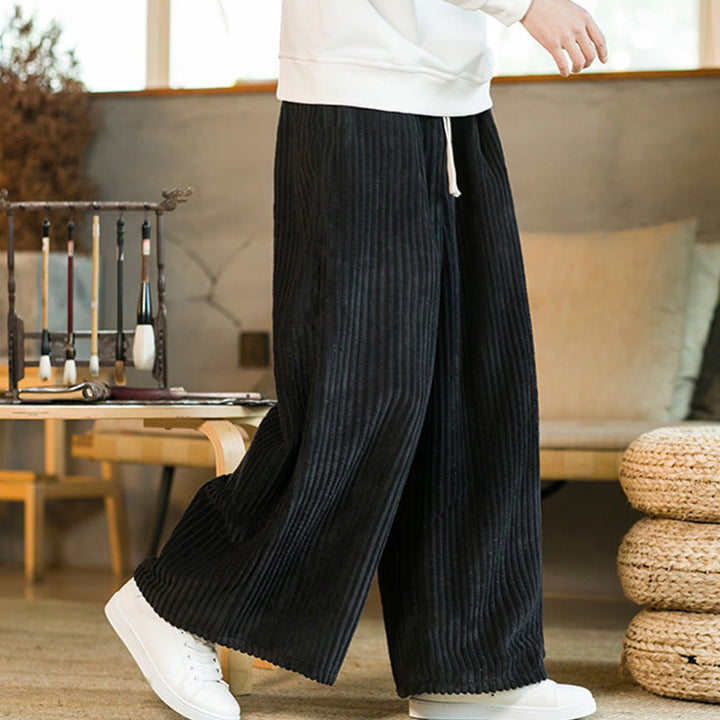 Buddha Stones Commute Plain Drawstring Men's Wide Leg Cotton Corduroy Pants With Pockets - Black - US/UK/AU46，EU56 (5XL) - image 0