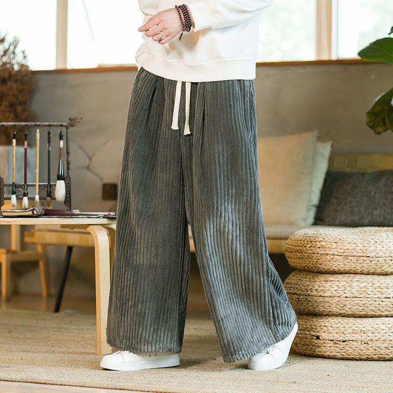 Buddha Stones Commute Plain Drawstring Men's Wide Leg Cotton Corduroy Pants With Pockets - image 20