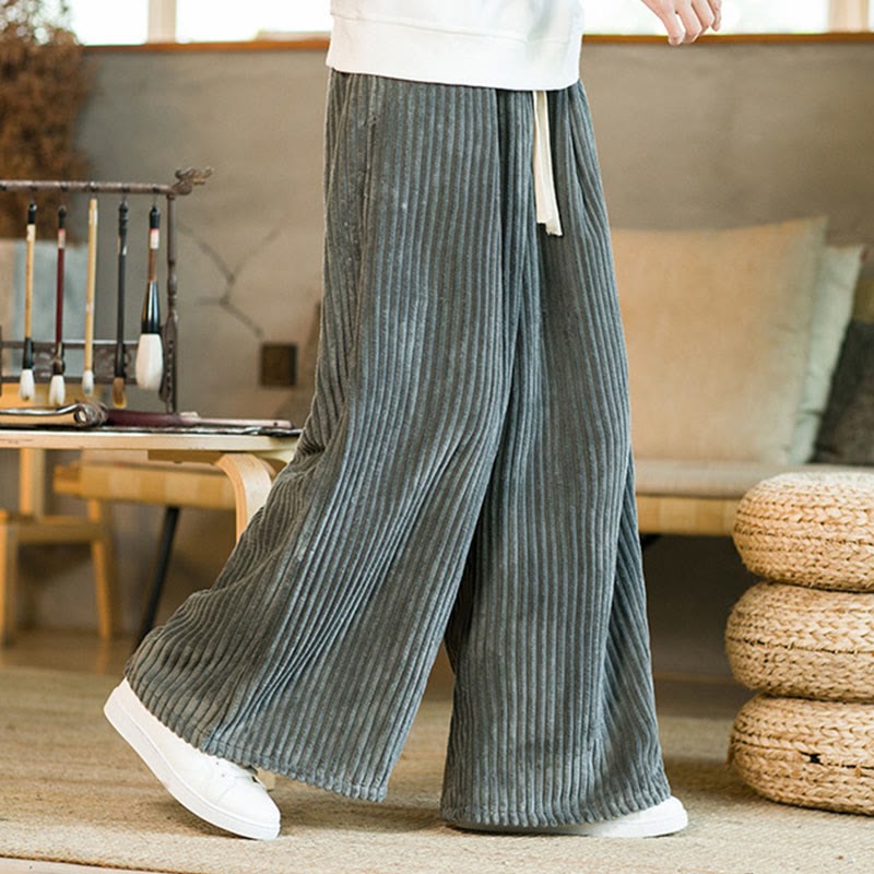 Buddha Stones Commute Plain Drawstring Men's Wide Leg Cotton Corduroy Pants With Pockets - image 21