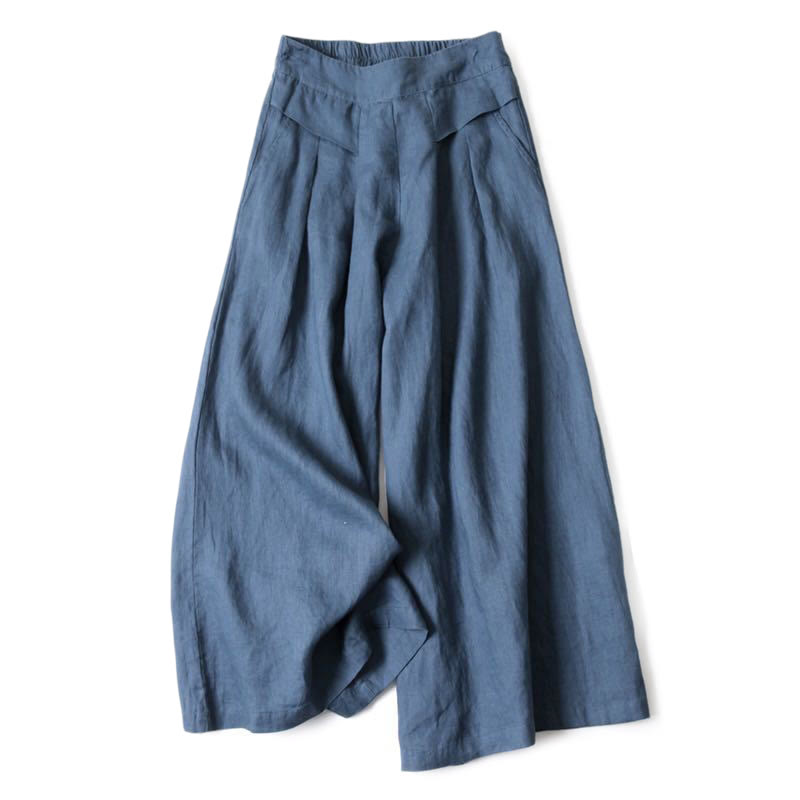 Buddha Stones Plain Color Cotton Linen High Waist Wide Leg Pants With Pockets - SteelBlue - US16，UK/AU20，EU48 (3XL) - image 5