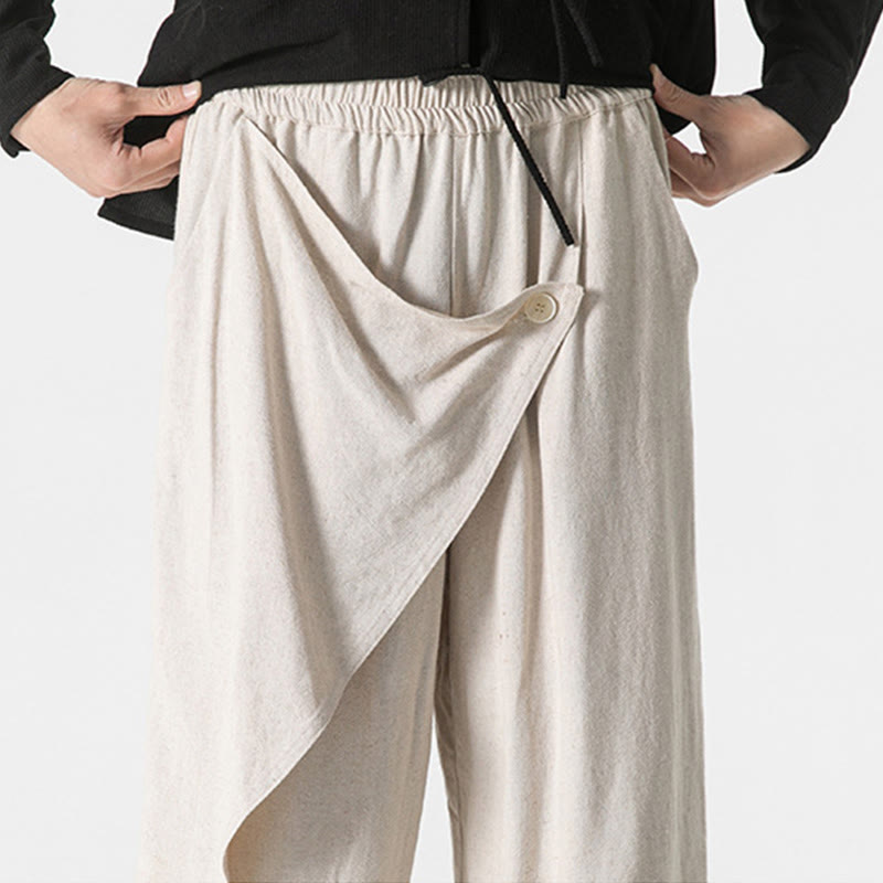 Buddha Stones Asymmetrical Patched Design Plain Men's Cotton Pants With Pockets - image 30