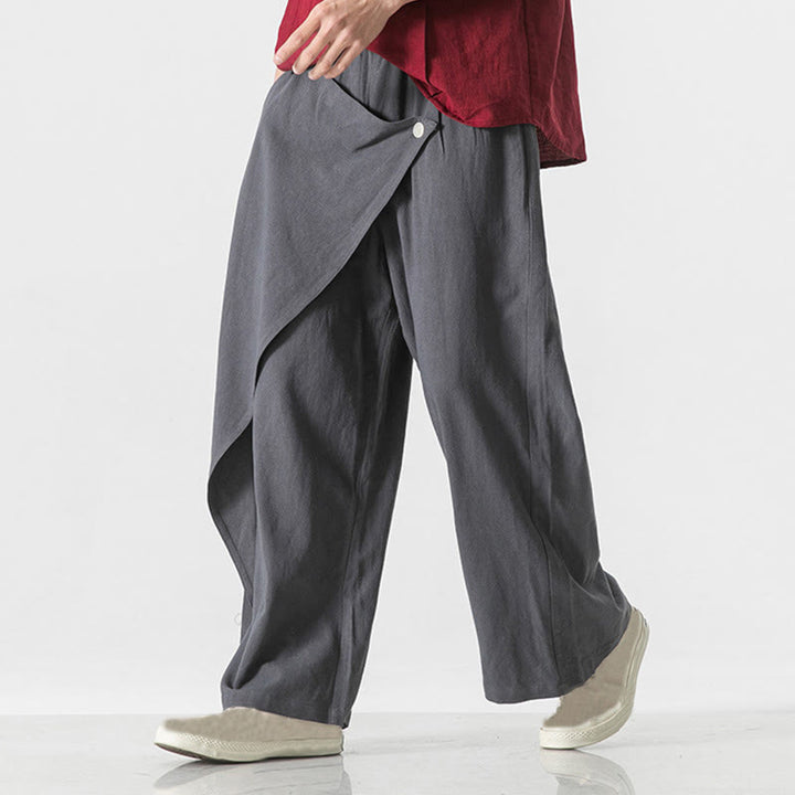 Buddha Stones Asymmetrical Patched Design Plain Men's Cotton Pants With Pockets - image 0