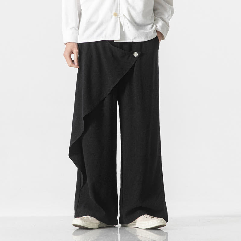 Buddha Stones Asymmetrical Patched Design Plain Men's Cotton Pants With Pockets - image 17