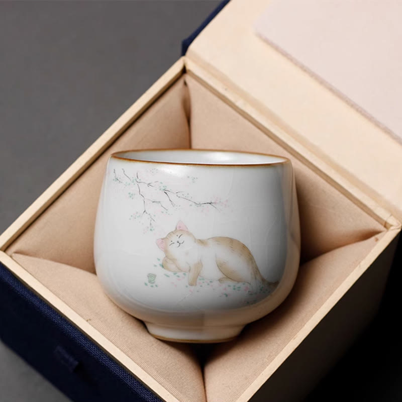 Buddha Stones Cute Cat Branches Teacup Kung Fu Tea Cup With Gift Box - Lying Cat 5.8cm*6cm*120ml - image 3