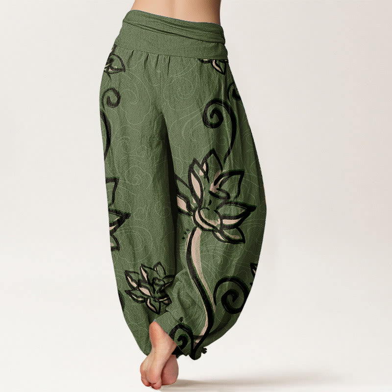 Buddha Stones Pure Cotton Casual Lotus Auspicious Clouds Design Women's Elastic Waist Harem Pants - image 1