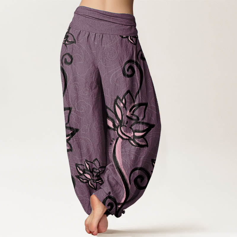 Buddha Stones Pure Cotton Casual Lotus Auspicious Clouds Design Women's Elastic Waist Harem Pants - image 10