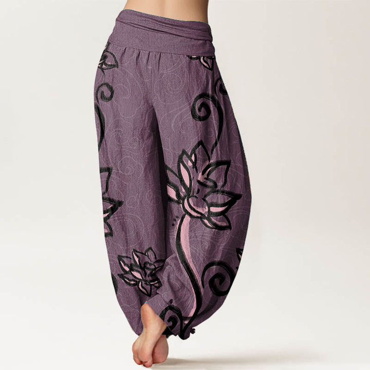 Buddha Stones Pure Cotton Casual Lotus Auspicious Clouds Design Women's Elastic Waist Harem Pants - image 10