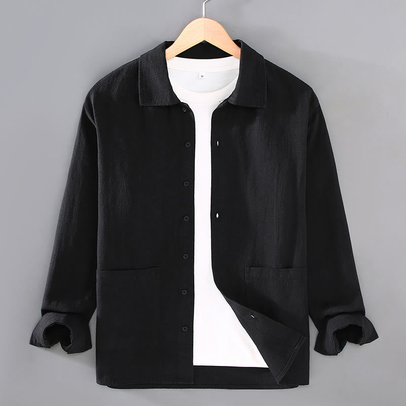 Buddha Stones Solid Color Long Sleeve Buttons Shirt Men Ramie Cotton Clothing With Pockets - Black - US/UK/AU42，EU52 (3XL) - image 9