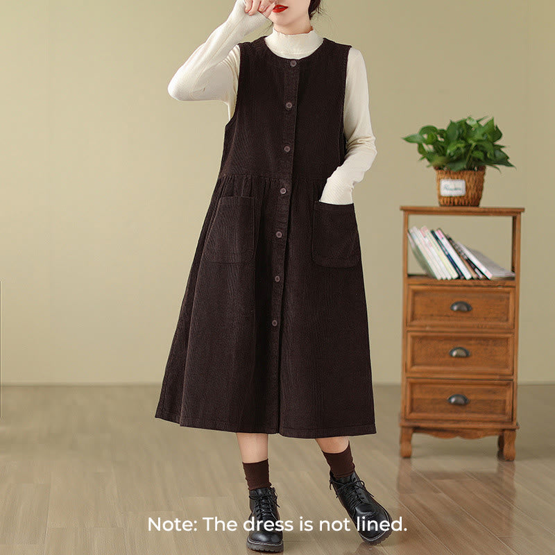 Buddha Stones Fall Retro Buttons Design Corduroy Sleeveless Midi Dress With Pockets - image 1