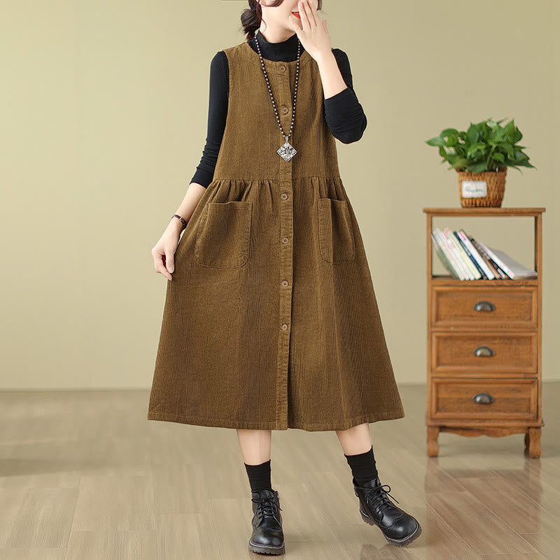 Buddha Stones Fall Retro Buttons Design Corduroy Sleeveless Midi Dress With Pockets - image 14