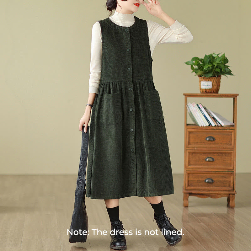 Buddha Stones Fall Retro Buttons Design Corduroy Sleeveless Midi Dress With Pockets - image 7