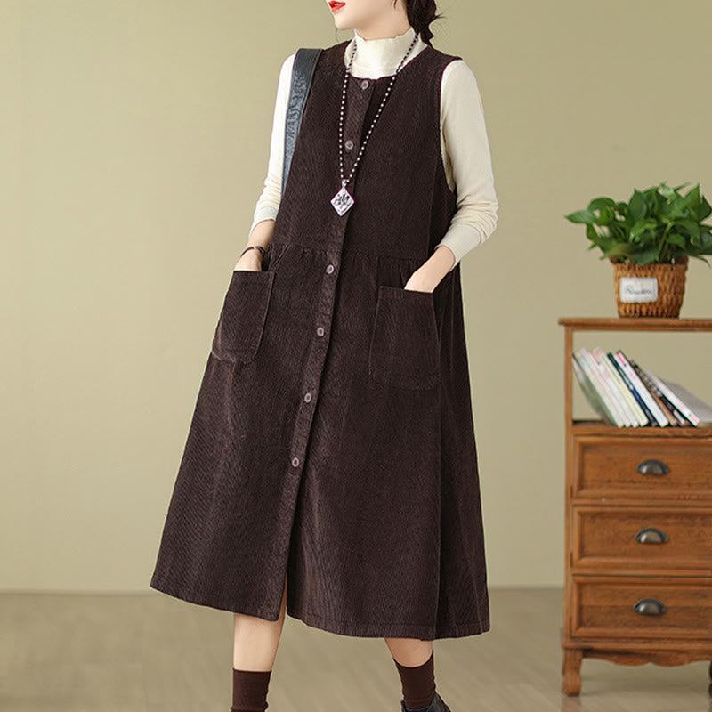 Buddha Stones Fall Retro Buttons Design Corduroy Sleeveless Midi Dress With Pockets - image 2