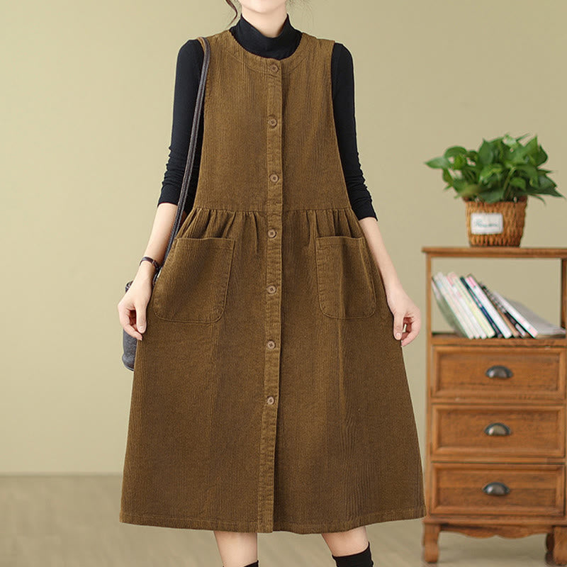 Buddha Stones Fall Retro Buttons Design Cotton Corduroy Sleeveless Midi Dress With Pockets - image 16
