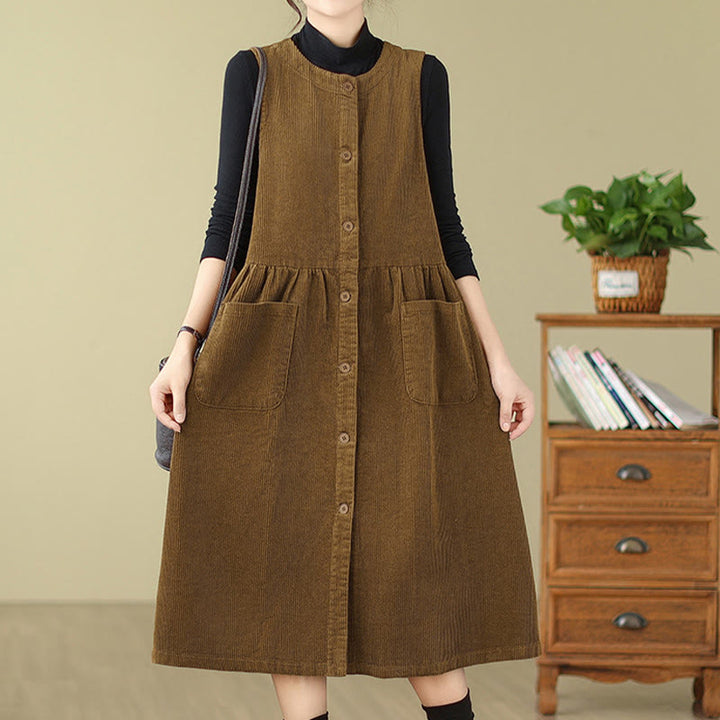 Buddha Stones Fall Retro Buttons Design Cotton Corduroy Sleeveless Midi Dress With Pockets - image 16
