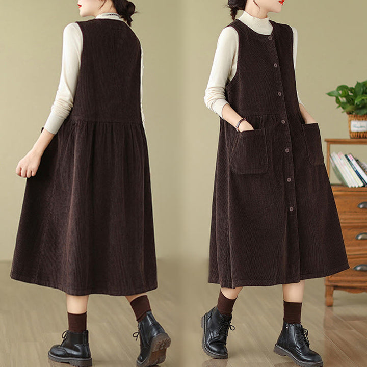 Buddha Stones Fall Retro Buttons Design Cotton Corduroy Sleeveless Midi Dress With Pockets - image 3