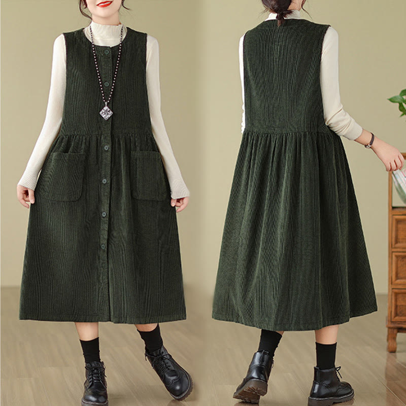 Buddha Stones Fall Retro Buttons Design Corduroy Sleeveless Midi Dress With Pockets - image 11