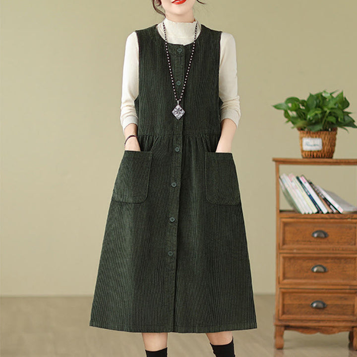 Buddha Stones Fall Retro Buttons Design Corduroy Sleeveless Midi Dress With Pockets - image 9
