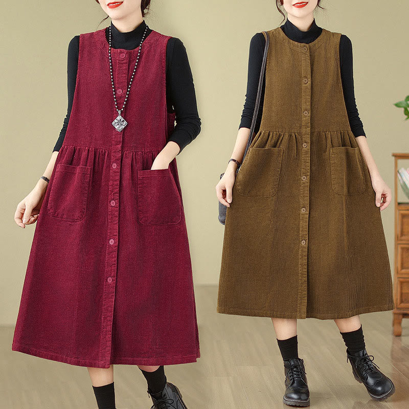 Buddha Stones Fall Retro Buttons Design Cotton Corduroy Sleeveless Midi Dress With Pockets - image 25