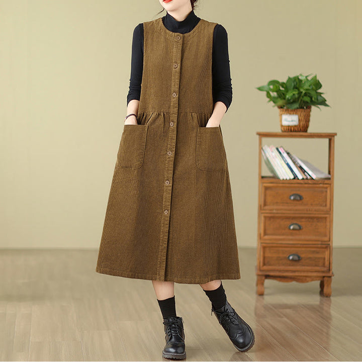 Buddha Stones Fall Retro Buttons Design Corduroy Sleeveless Midi Dress With Pockets - image 15