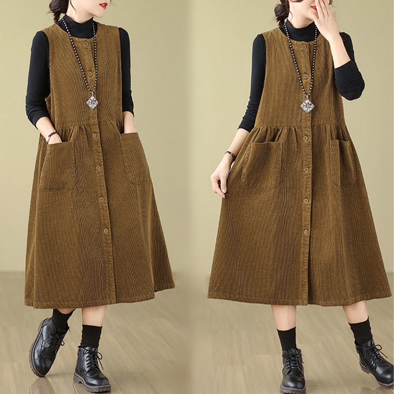 Buddha Stones Fall Retro Buttons Design Corduroy Sleeveless Midi Dress With Pockets - image 17