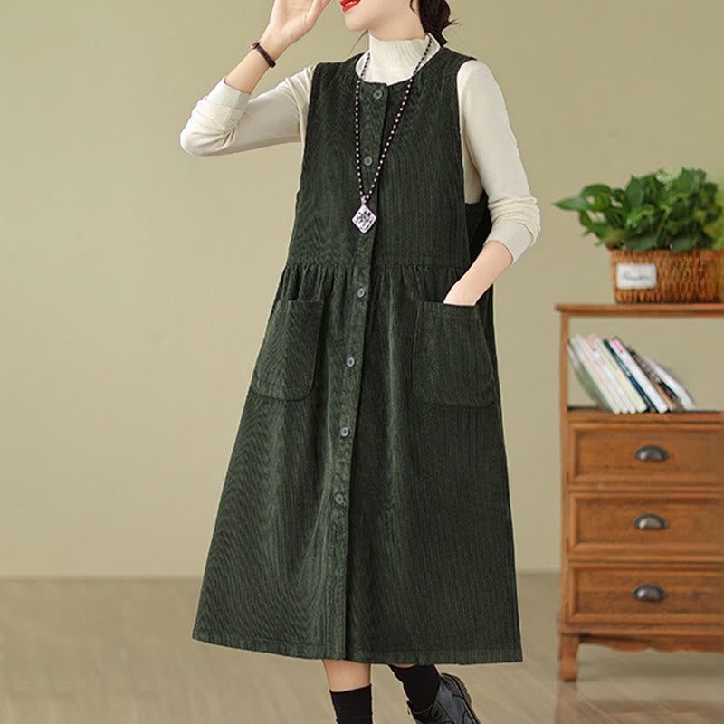 Buddha Stones Fall Retro Buttons Design Corduroy Sleeveless Midi Dress With Pockets - image 8
