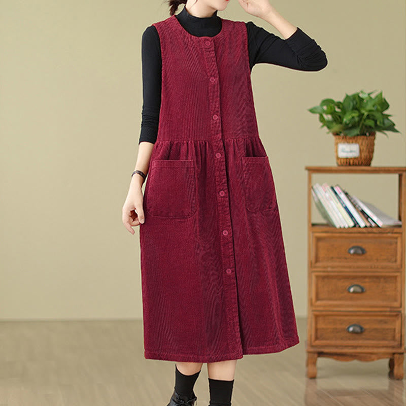 Buddha Stones Fall Retro Buttons Design Cotton Corduroy Sleeveless Midi Dress With Pockets - image 22
