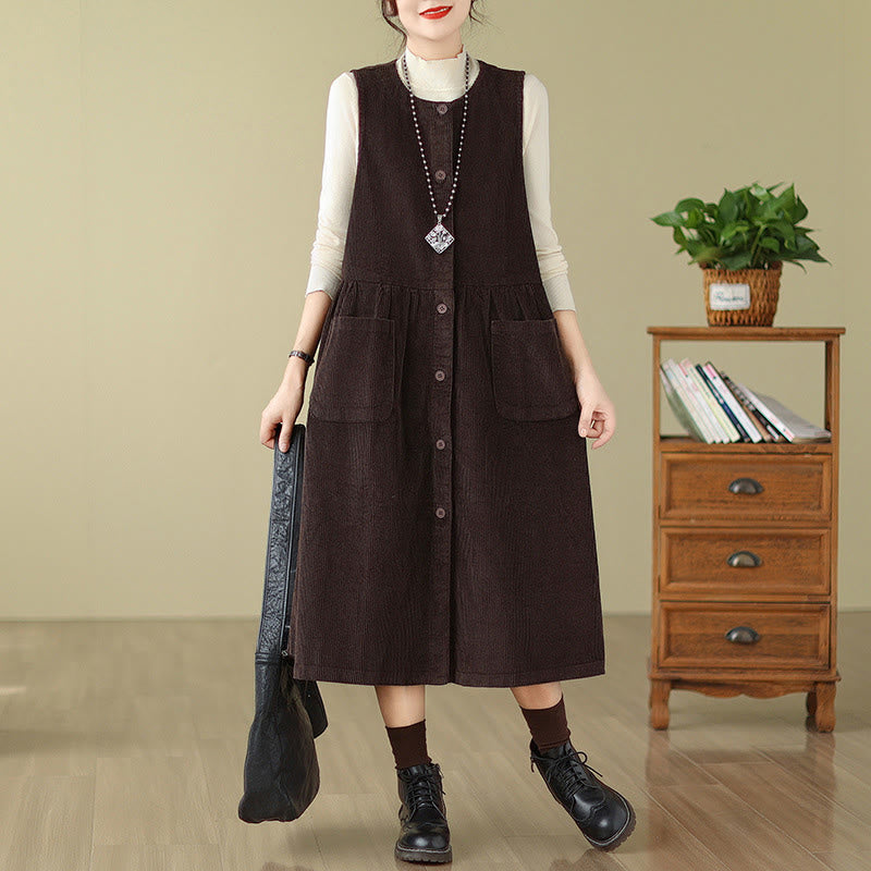 Buddha Stones Fall Retro Buttons Design Cotton Corduroy Sleeveless Midi Dress With Pockets - SaddleBrown - US12，UK/AU16，EU44 (3XL) - image 0