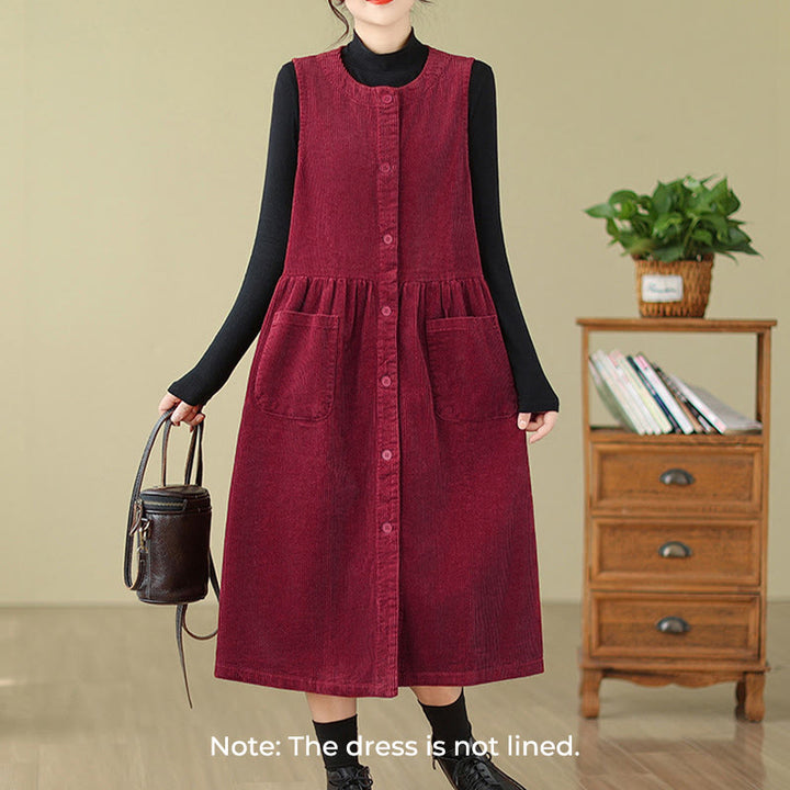 Buddha Stones Fall Retro Buttons Design Corduroy Sleeveless Midi Dress With Pockets - image 21