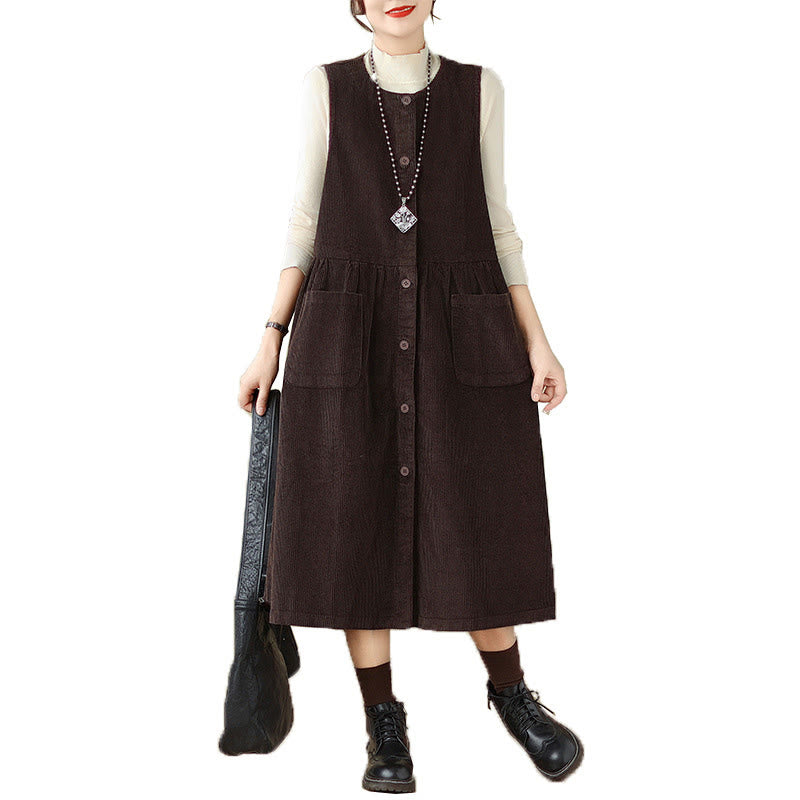 Buddha Stones Fall Retro Buttons Design Cotton Corduroy Sleeveless Midi Dress With Pockets - image 5