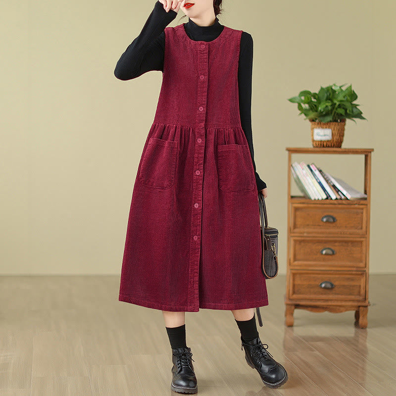 Buddha Stones Fall Retro Buttons Design Corduroy Sleeveless Midi Dress With Pockets - Crimson - US12，UK/AU16，EU44 (3XL) - image 20