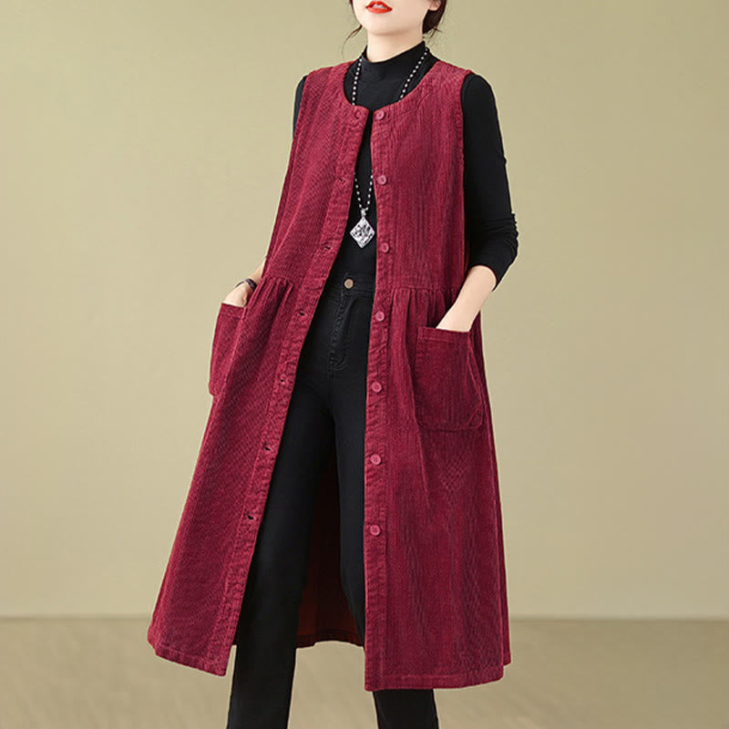 Buddha Stones Fall Retro Buttons Design Cotton Corduroy Sleeveless Midi Dress With Pockets - image 23