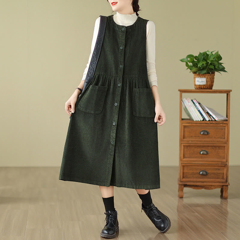 Buddha Stones Fall Retro Buttons Design Cotton Corduroy Sleeveless Midi Dress With Pockets - DarkGreen - US12，UK/AU16，EU44 (3XL) - image 6
