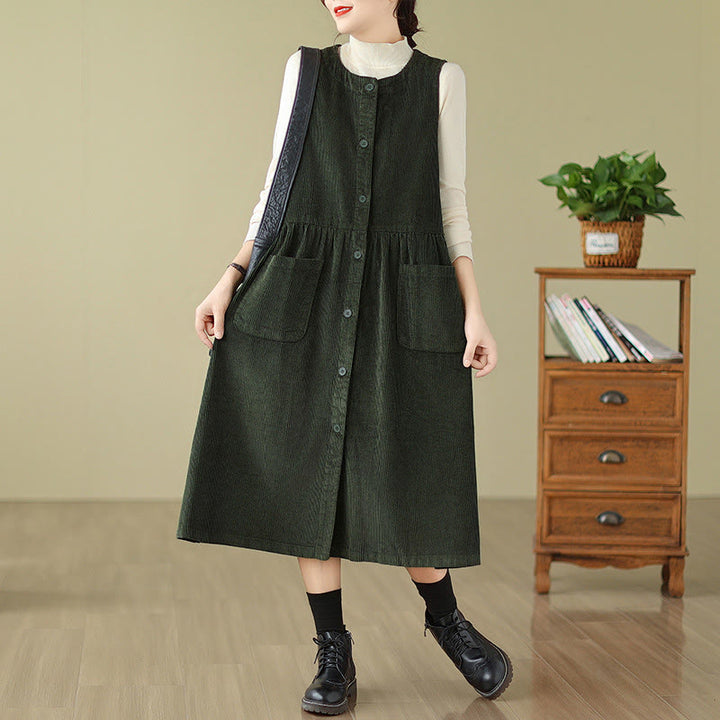 Buddha Stones Fall Retro Buttons Design Cotton Corduroy Sleeveless Midi Dress With Pockets - DarkGreen - US12，UK/AU16，EU44 (3XL) - image 6