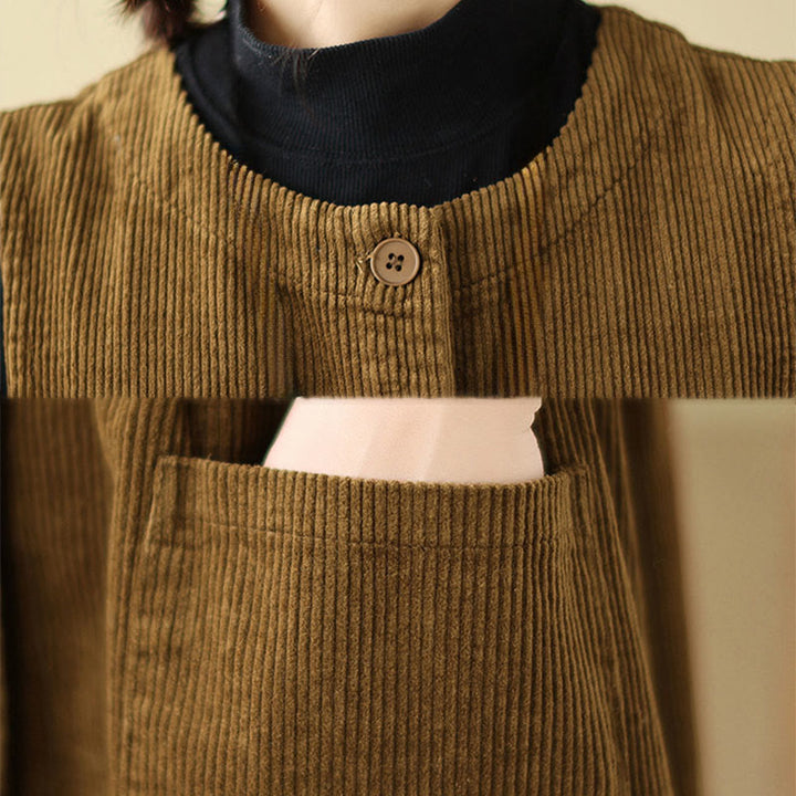 Buddha Stones Fall Retro Buttons Design Cotton Corduroy Sleeveless Midi Dress With Pockets - image 18