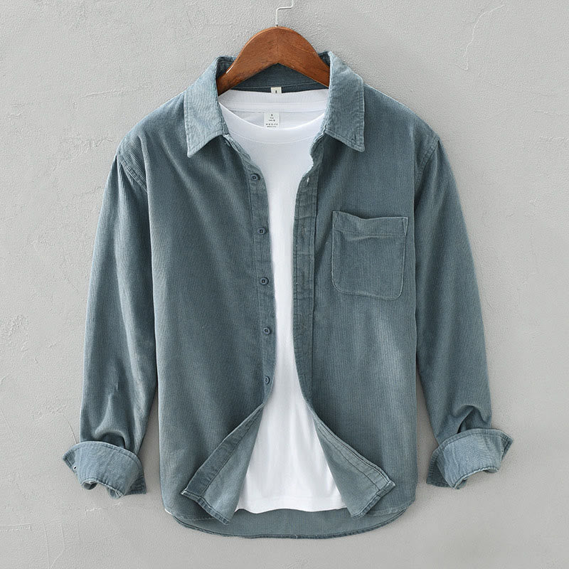 Buddha Stones Daily Plain Buttons Design Long Sleeve Men's Corduroy Pure Cotton Jacket With Pocket - LightSeaGreen - US/UK/AU42，EU52 (3XL) - image 1