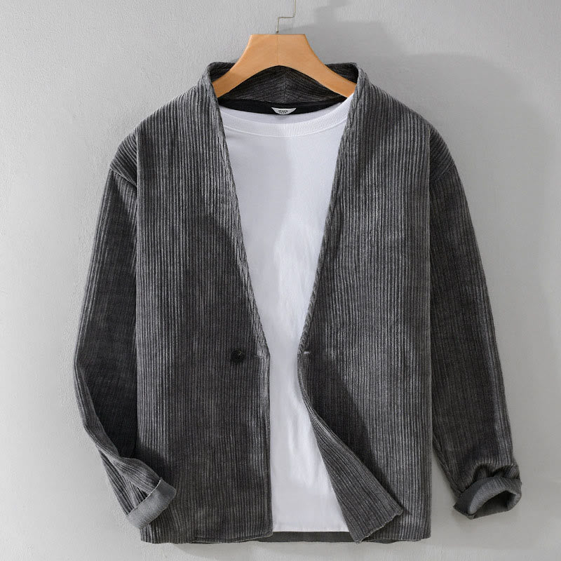 Buddha Stones Commute V-neck Simple Ribbed Texture Design Long Sleeve Men's Jacket - SlateGray - US/UK/AU42，EU52 (3XL) - image 0