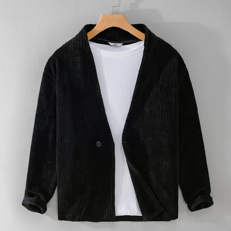 Buddha Stones Commute V-neck Simple Ribbed Texture Design Long Sleeve Men's Jacket - image 14