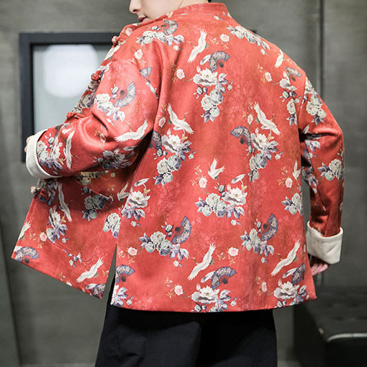 Buddha Stones Chinese New Year Clothes Flowers Fan Birds Frog-button Tang Suit Cotton Men's Jacket Shirt With Pockets - image 4