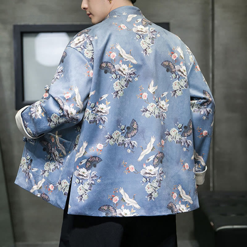 Buddha Stones Chinese New Year Clothes Flowers Fan Birds Frog-button Tang Suit Cotton Men's Jacket Shirt With Pockets - image 12