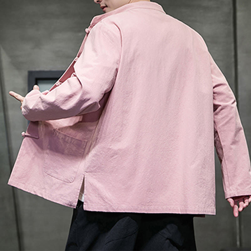 Buddha Stones Solid Color Frog-button Tang Suit Cotton Linen Men's Jacket Shirt With Pockets - image 32