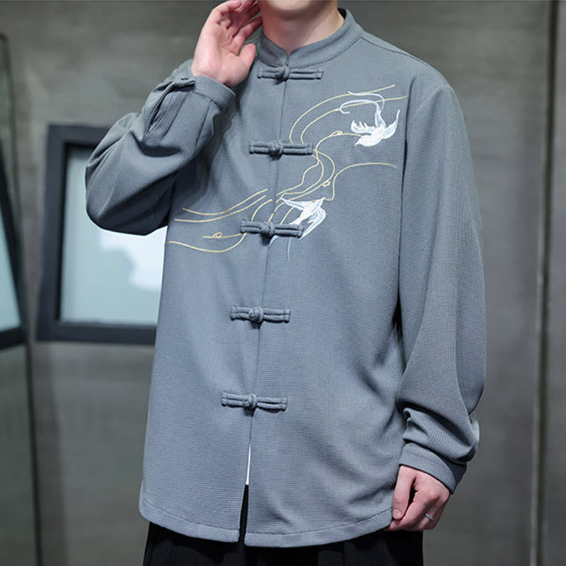 Buddha Stones Frog-Button Swallow Embroidery Stand Collar Long Sleeve Tang Suit Men's Shirt - image 20