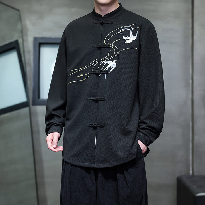 Buddha Stones Frog-Button Swallow Embroidery Stand Collar Long Sleeve Tang Suit Men's Shirt - image 1