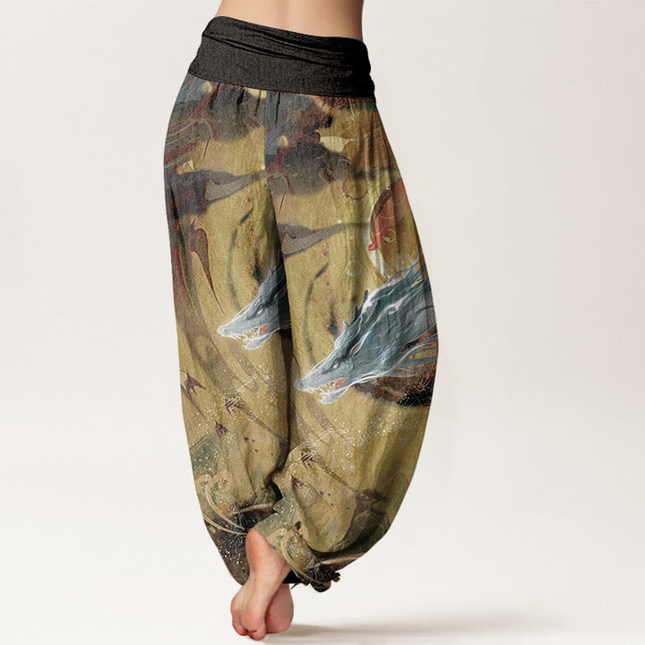 Buddha Stones Pure Cotton Dragon Auspicious Clouds Pattern Women's Elastic Waist Harem Pants - image 1