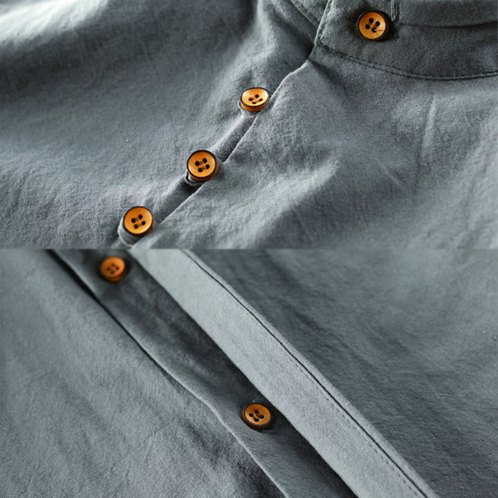 Buddha Stones Men's Slim Fit Design Stand Collar Crew Neck Long Sleeve Cotton Linen Shirt - image 11